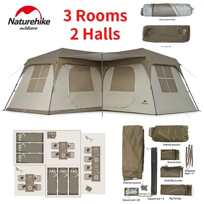 Naturehike 28㎡ One Touch Tent Large Space for 9-12 People Automatic Tent 3 Room 2 Hall Camping Big House Family Silver Coated