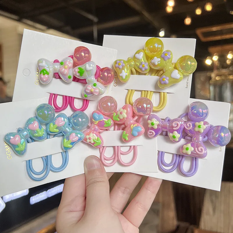 Niedliche handgezeichnete Graffiti-Schleife für Kinder, elastische Haarbänder, 1 Paar Prinzessinnen-Kopfbedeckung, Kinder-Haarseile, Mädchen-Haar-Accessoires Image