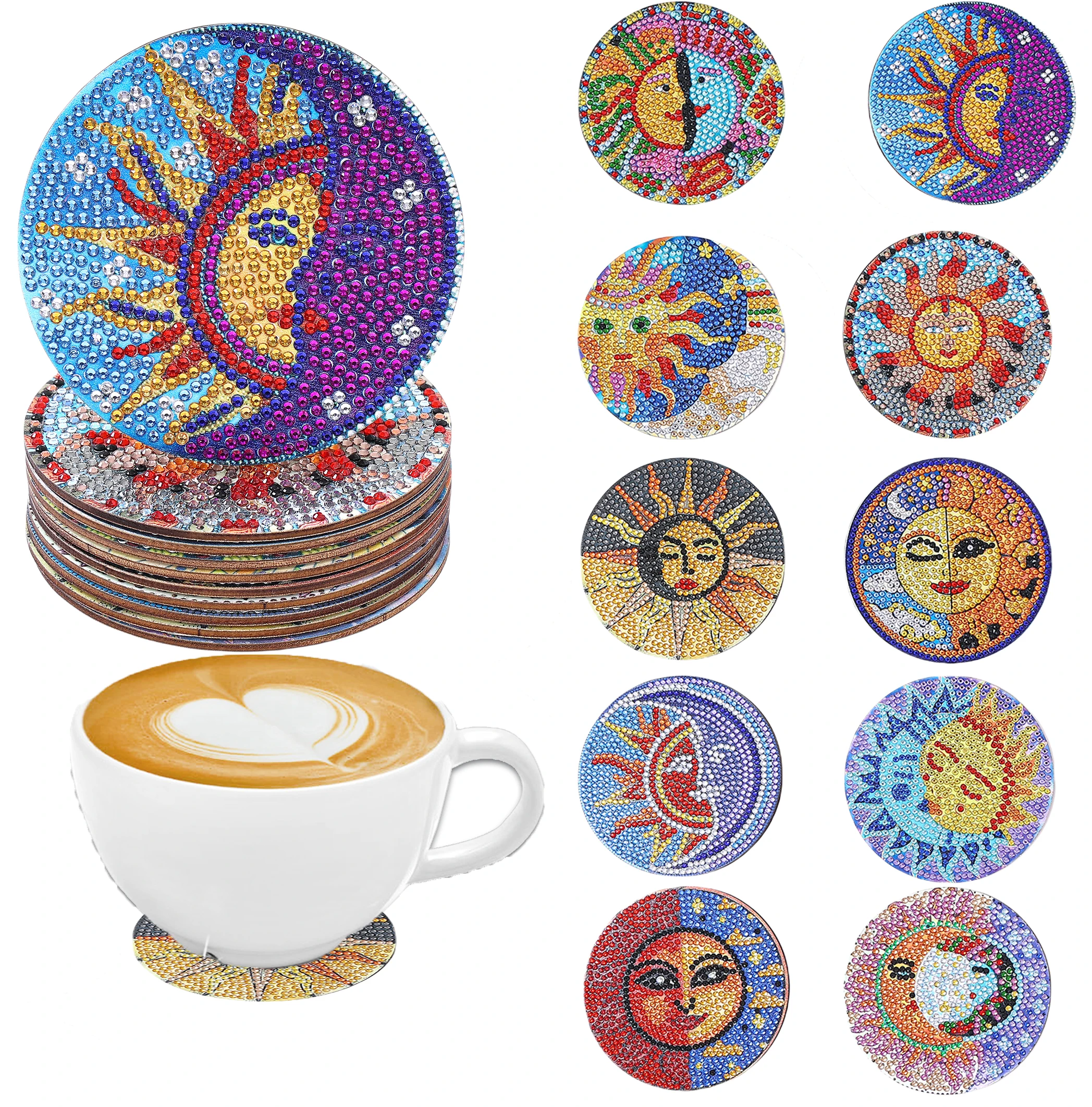 10-teilige Mondmuster-Untersetzer zum Selbermachen, Diamant-Kunst, ohne Getränkehalter, rutschfeste Holzuntersetzer, Wohnzimmer, Büro, Bar, Küche Image
