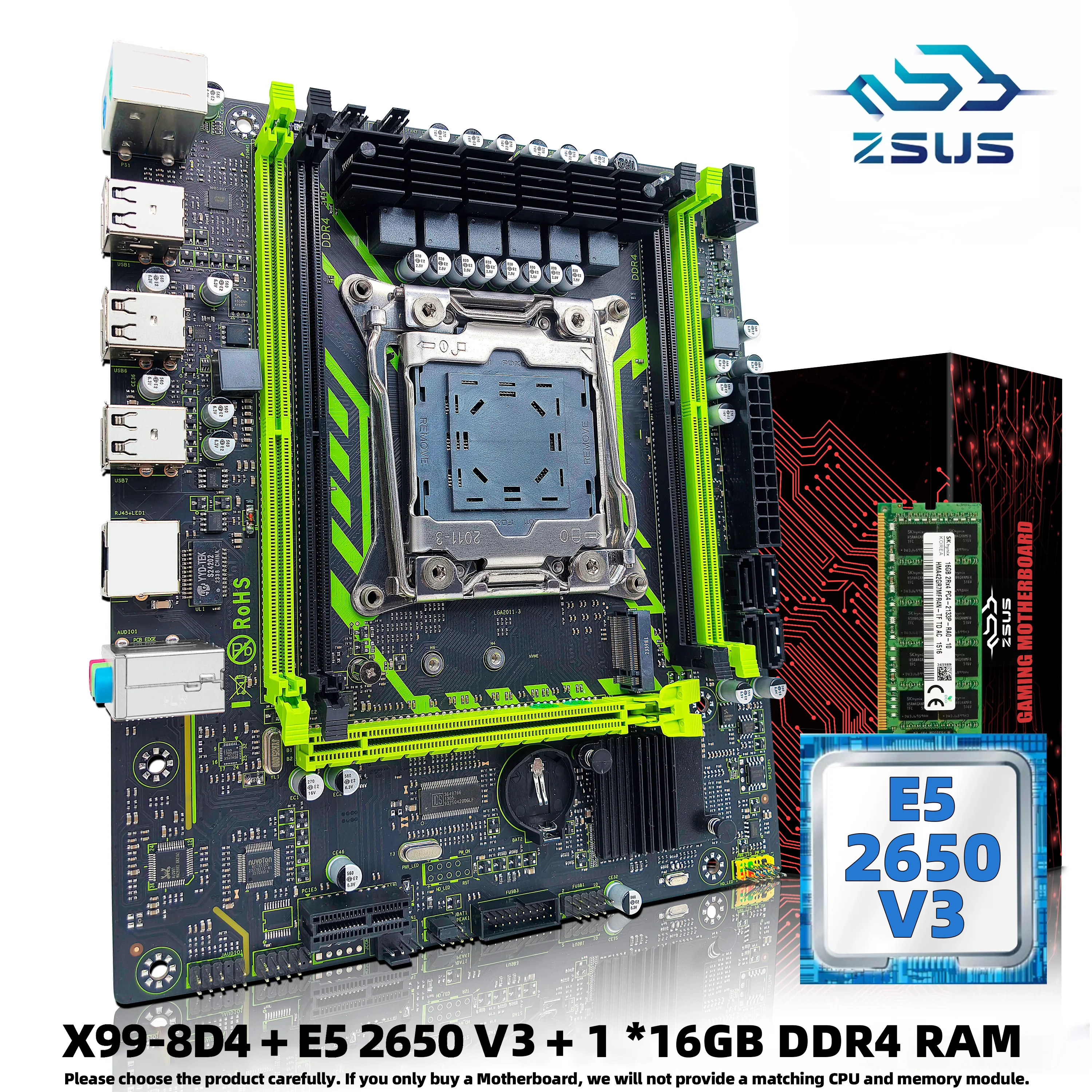 ZSUS X99-8D4 Motherboard-Set mit LGA2011-3 Xeon E5 2650 V3 CPU DDR4 16 GB (1 * 16 GB) 2133 MHz RAM-Speicher NVME M.2 SATA Image