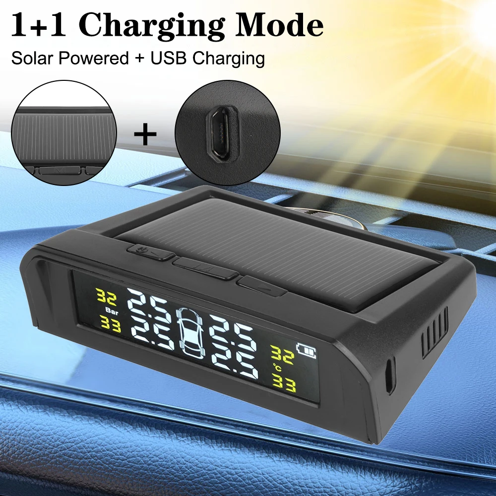 Auto-TPMS, intelligente Temperaturwarnung, LCD-Display, kabelloses Reifendrucksystem, USB, solarbetrieben + 4 externe Sensoren Image