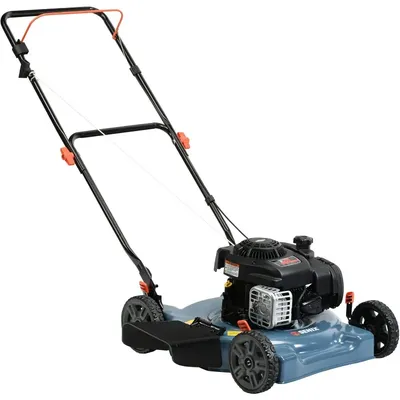 20 inch gas mower, 125 ml 4 cycle Briggs & Stratton engine, side row, 5 position single wheel height