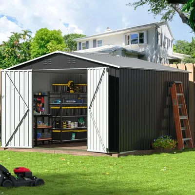 10x10 FT Outdoor Storage Shed, Garden Shed with Updated Frame Structure and Lockable Doors, Sheds &