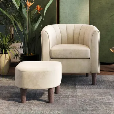 Accent Chair with Ottoman, Modern Barrel Chair Comfy Armchair Reading Chair with Footrest with Small