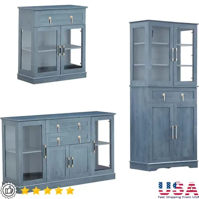 Storage Cabinet Set Three Glass Door Cabinets Kitchen Dining Room Versatile Display Storage Tall