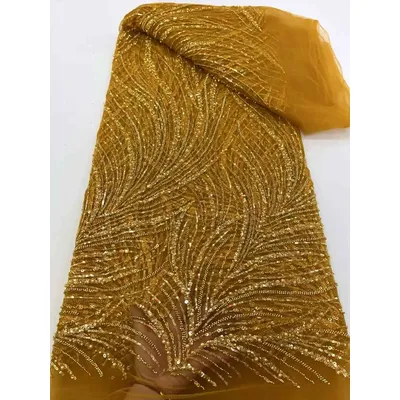Gold Latest French Tulle Beaded Sequins Lace Fabric 5 Yards 2025 High Quality Nigerian African Lace