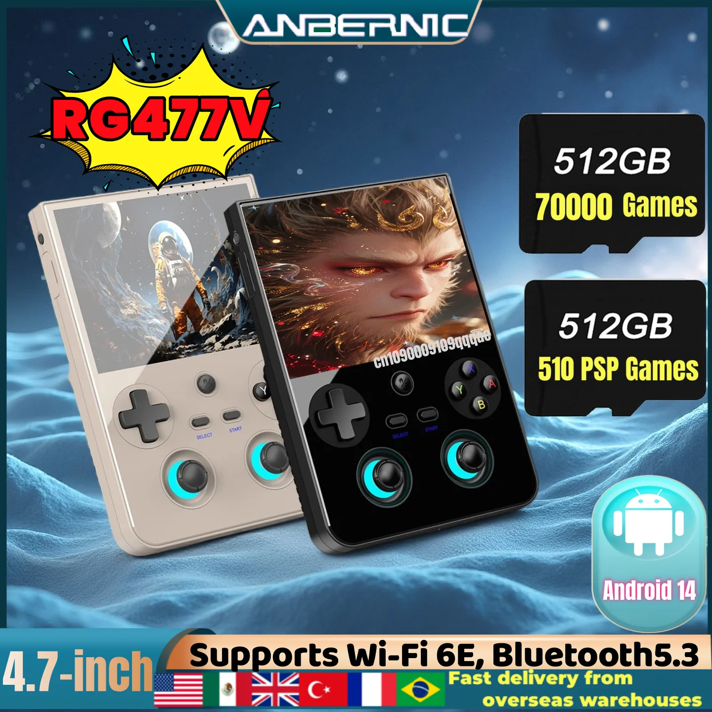 Anbernic RG477V Console de jeu vidéo portable rétro 4.7 LTPS affichage dans le cellule Android14 5G puce SOC lecteur vidéo PSP PS2 RG 477V