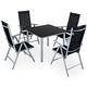 CASARIA® Bern 4+1 Garden Dining Furniture Set | 4x 8 Way Adjustable High Back Folding Chairs | Table 90x90cm Aluminium 5mm Black Safety Glass | Weatherproof Patio Balcony Deck Seating | Silver