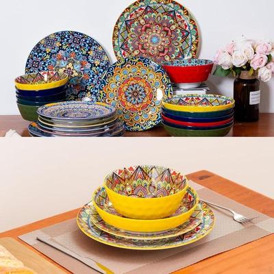 Boho Style Dinnerware Sets, Plates And Bowls Set, Porcelain Dishes Set, Microwave And Dishwasher Safe, Service For 4/6