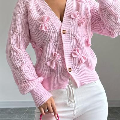 TEMU Elegant Women's 3d Bow Long Sleeve Knitted Cardigan Image