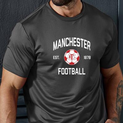TEMU Manchester Football Print T-shirt, Tees For Men, Stylish, Slightly , Comfortable Round Neck T-shirt, Casual Short Sleeve T-shirt For Summer Image