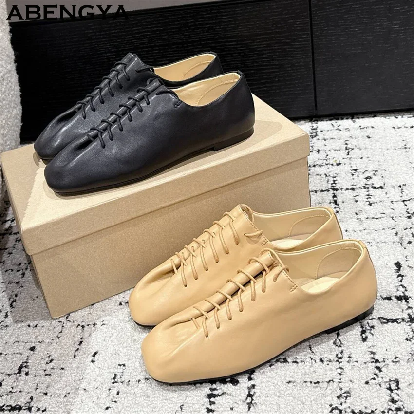 Heiße Leder Flache Müßiggänger Schuhe Für Frauen Karree Lace Up Formale Flache Schuhe Frühling Casual Komfort Party Urlaub Wanderschuhe