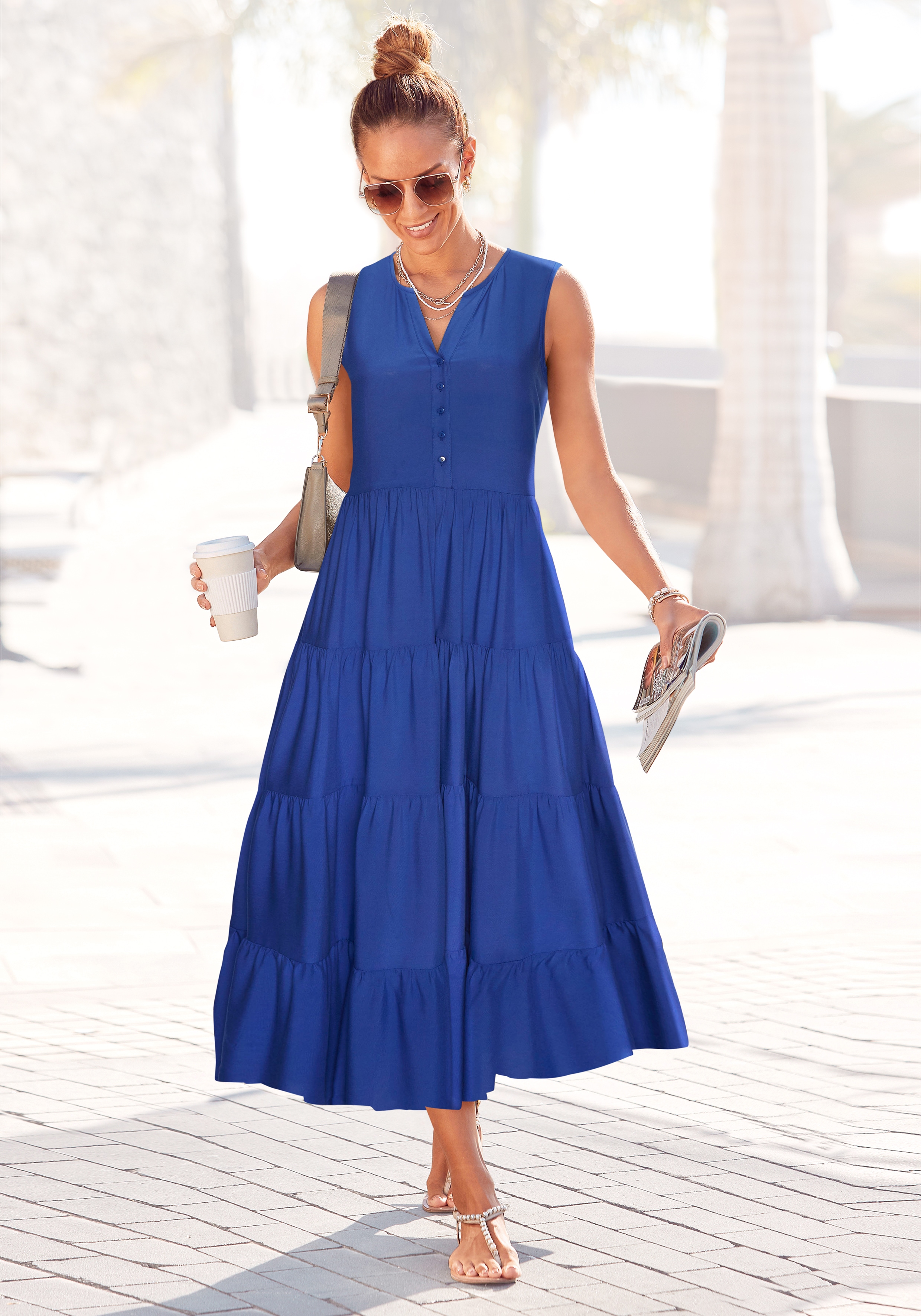 Maxikleid LASCANA, Damen, Gr. 38, N-Gr, blau (royalblau), Web, Obermaterial: 100% Viskose, unifarben, Modisch, figurumspielend knöchellang, V-Ausschnitt, Kleider, mit Volants Image