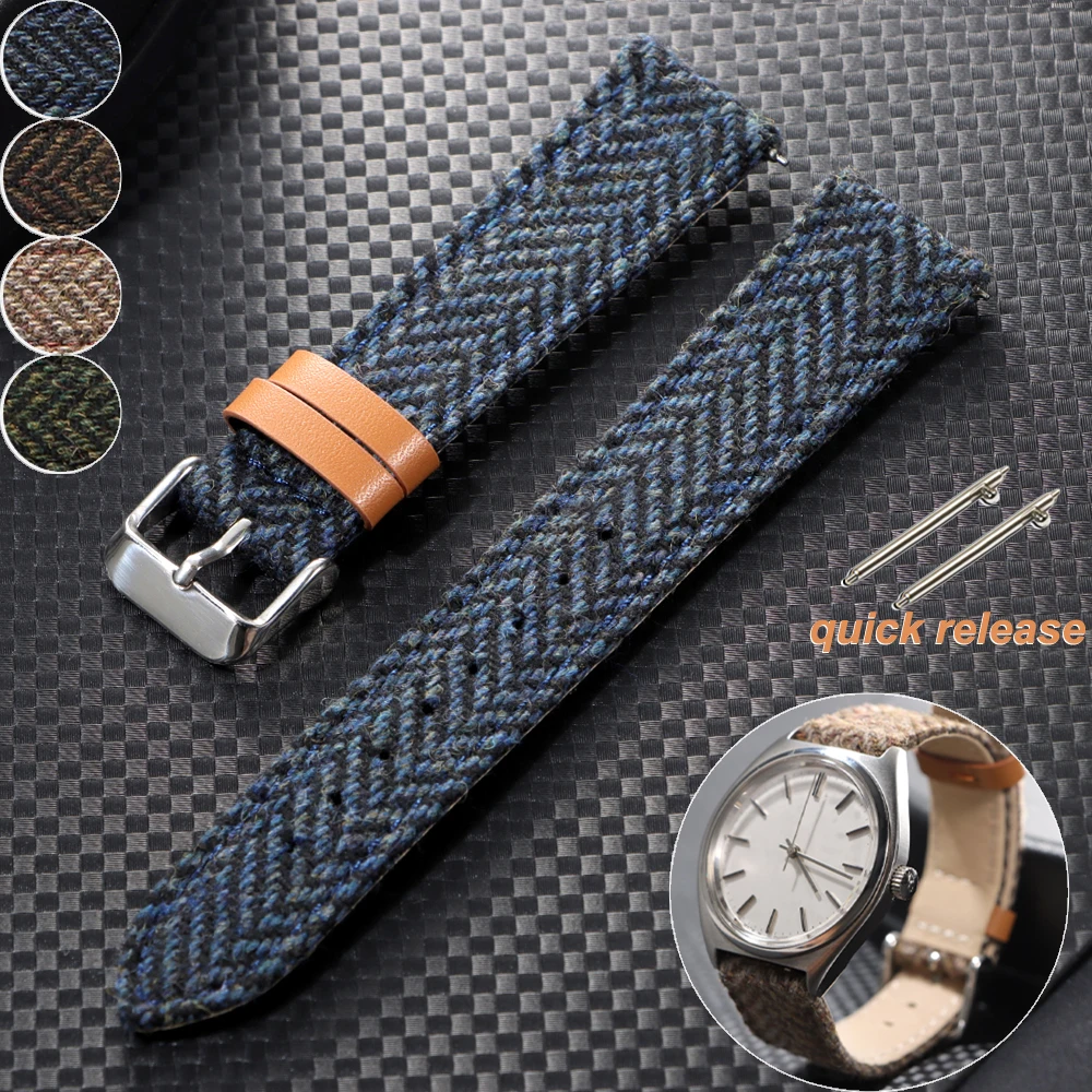 18/20/22mm Echtes Rindsleder Nylon Uhr Band Quick Release Strap Vintage Woven Tweed Stoff Armband Männer frauen Ersetzen Armband Image