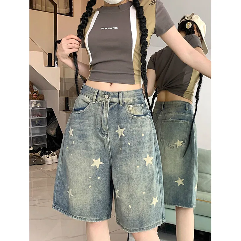 Amerikanischen Stil Vintage Damen Kurze Jeans Hohe Taille Gewaschen Breite Bein Denim Hosen Frau Mode Do Old Star Knielange Shorts
