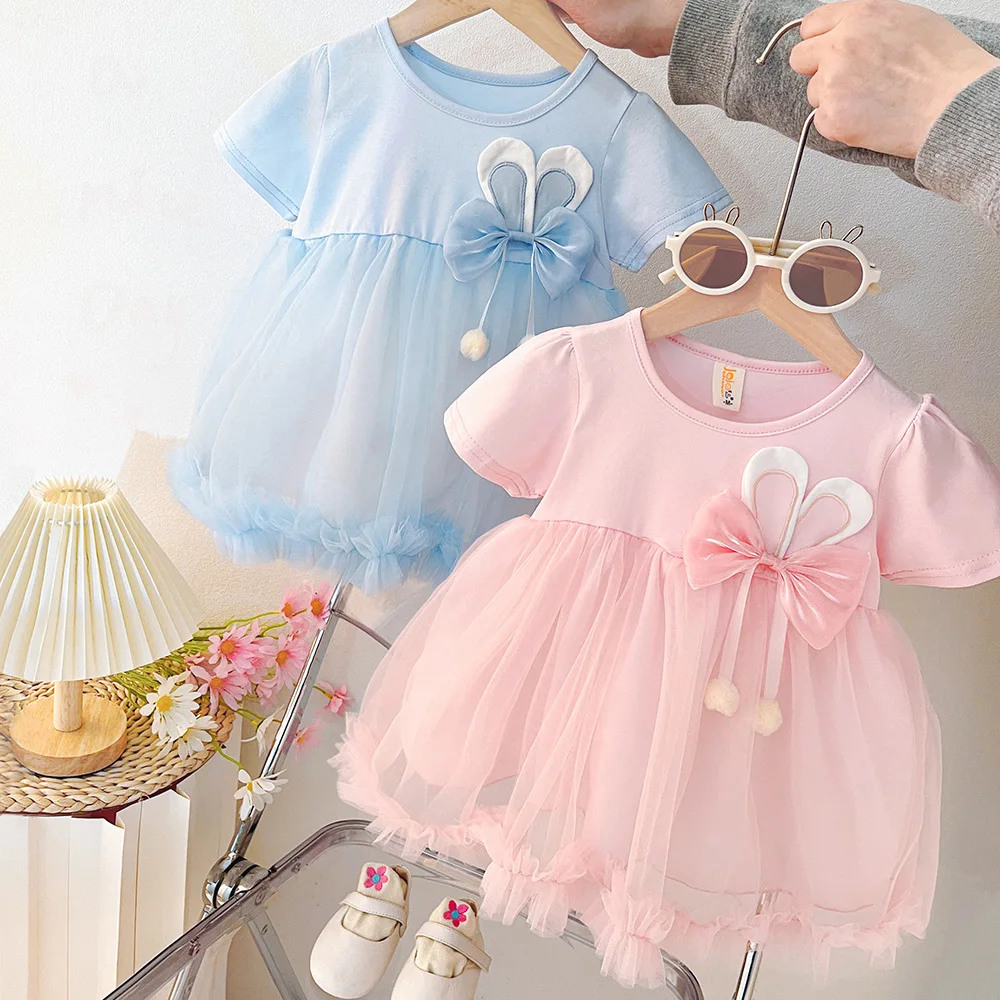 Baby Mädchen Kleid Sommer Bowknot Einfarbig Stricken Kurzarm Puffy Mädchen Kinder Kleid Nette Casual Baby Mädchen Prinzessin kleider Image