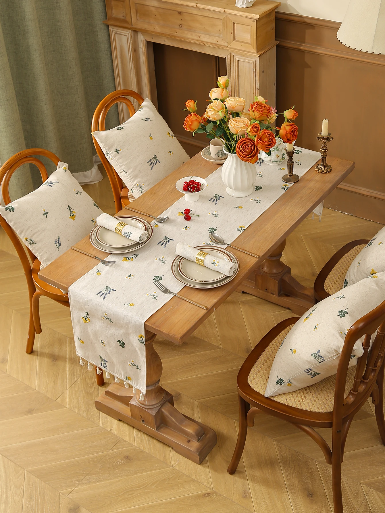 Leinen-Tischläufer mit Weizenfransen-Stickerei, rustikaler Stil, Esstisch, Tischset, Küche, Wohnzimmer, Couchtisch-Dekoration