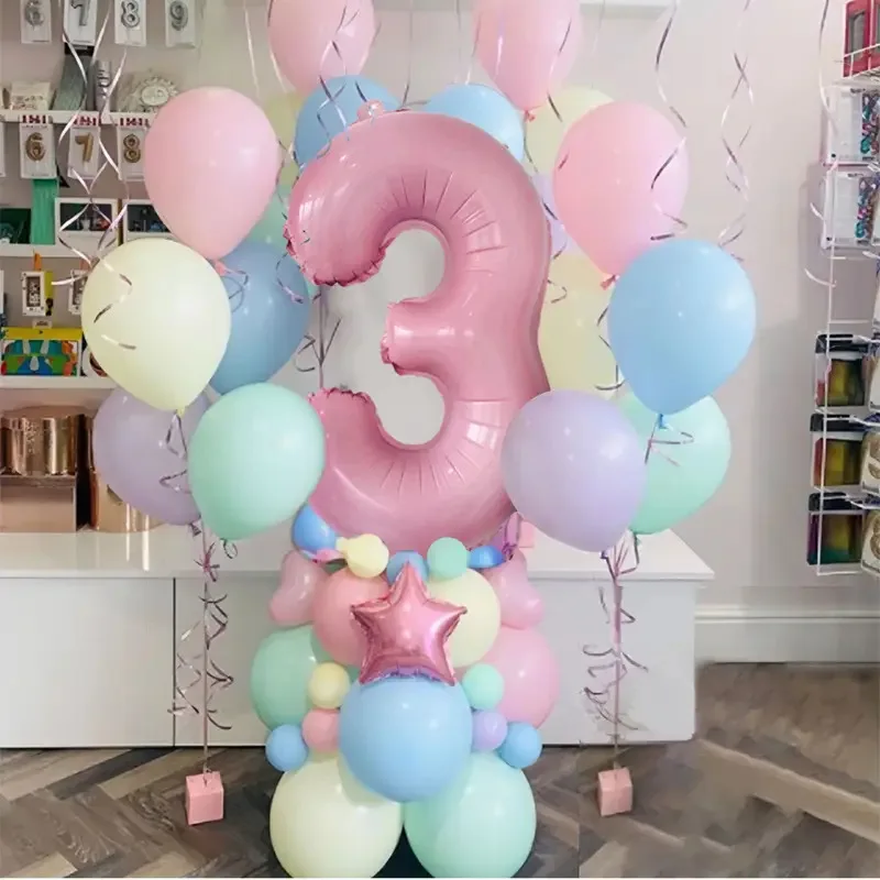 63 Stück Pastellbonbons Rosa 1. 2. 3. Folien-Zahlenballon-Set Macaron Latexballons Mädchen Prinzessin Babyparty Geburtstag Party Dekor