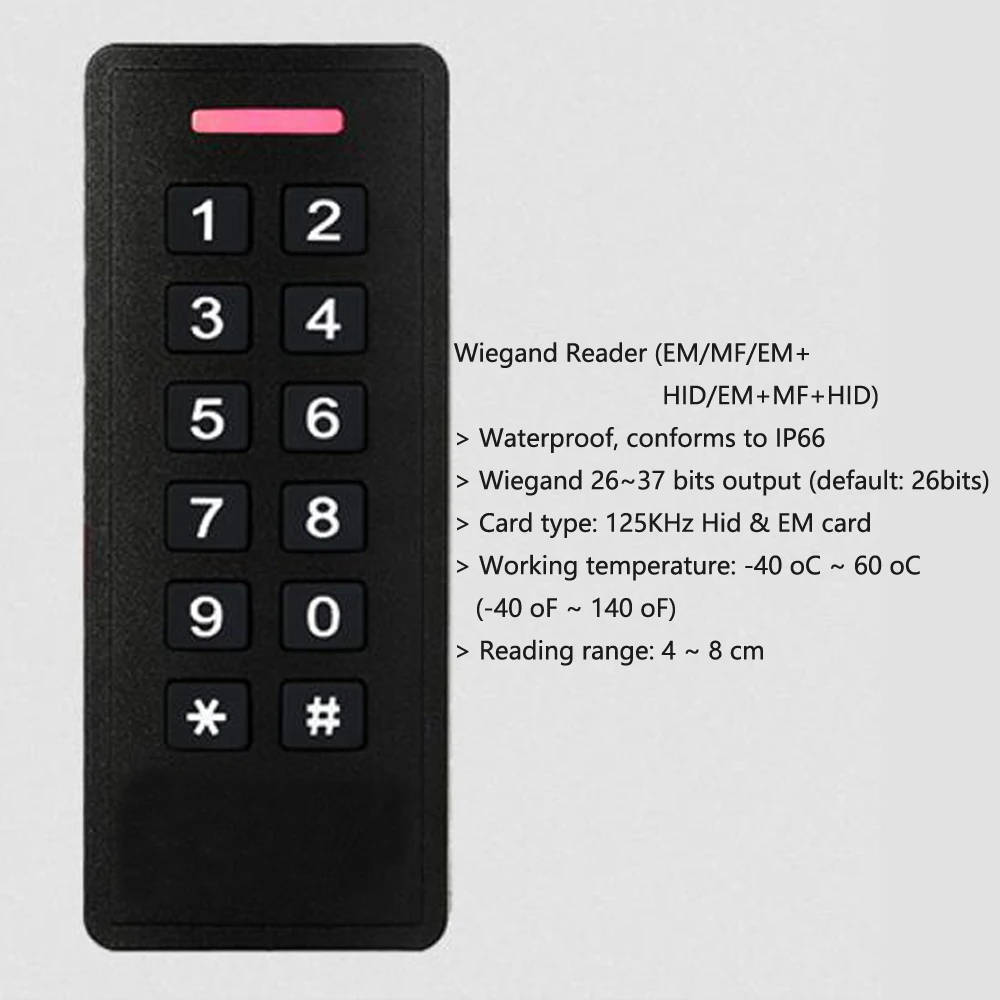 Wasserdichte Tastatur für die Zugangs kontrolle der Hintergrund beleuchtung mit wiegand 26-37 Bit Ausgang id ic rfid reader für em mf Proximity Cards Türöffner Image