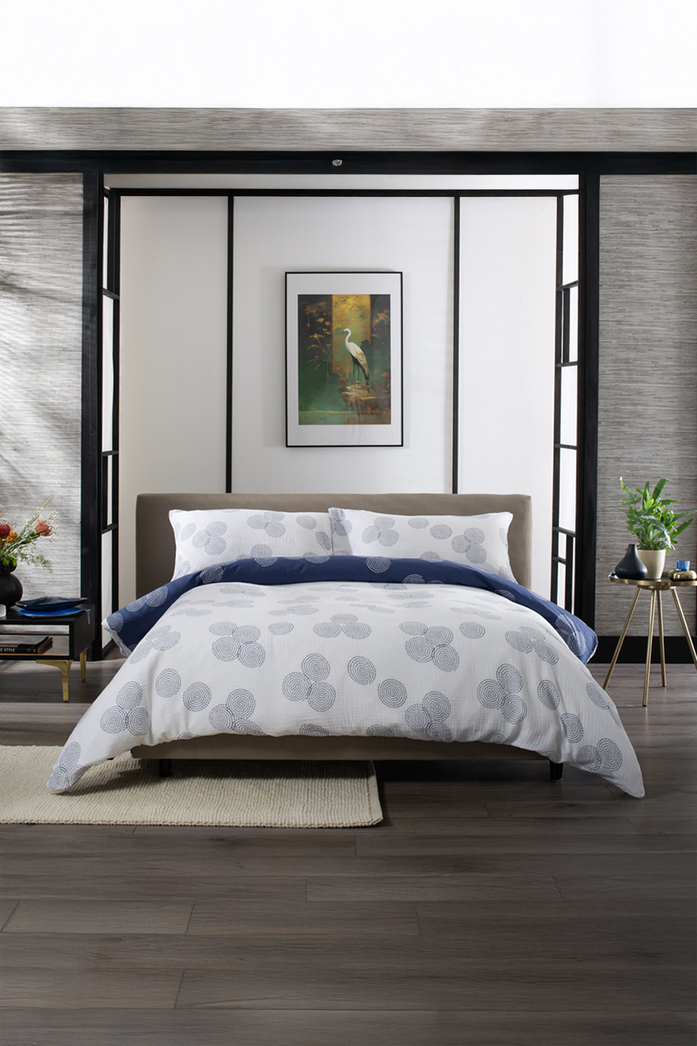 The Lyndon Company Hyogo Luxurious Japanese Inspired Print 100% Cotton Double Gauze Super King Duvet Cover Set - Blue & White - Size Double