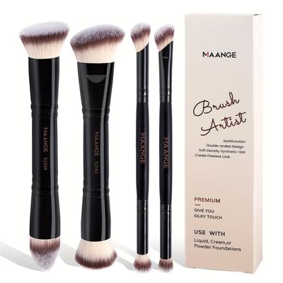 TEMU 4pcs Maange Double-headed Kabuki Makeup Brush Set, Nylon Bristles, Abs Handle, Unscented, Suitable For Types, Wand Form, Includes Foundation, Blush, Eyeshadow, Lip Brush - Travel-friendly Image
