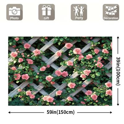 TEMU 1pc Rose Window Backdrop Banner, Pastoral Vinyl Fabric, Machine Washable, No Electricity Needed - In Sizes 39x59in, 51x59in, 70.8x90.5in For Indoor/outdoor Winter Parties & Holiday Decor Image