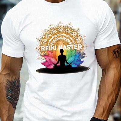 TEMU Reiki Master With Rainbow Lotus Print, Men's Round Crew Neck Short Sleeve Tee, Casual T-shirtcasual Comfy Lightweight Top For Summer Image