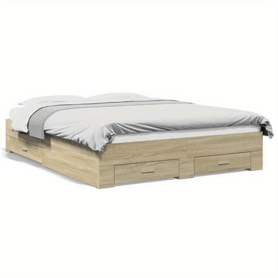 TEMU Home Relaxation, Oak Bed Frame With Drawers - , Solid Wood Construction, Easy , Spacious Storage Space, Fits 140x200cm Mattress Image