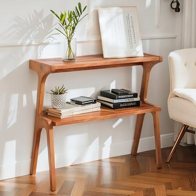 TEMU Farmhouse Narrow End Table, 2-tier End Table With Solid Wood Legs, Slim Sofa Side Table With Storage Shelf, Long Bedside Table For Living Room, Nightstand For Bedroom