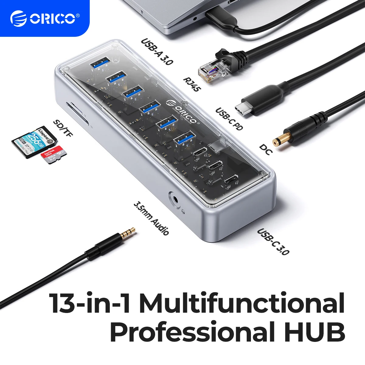 ORICO OMA Metallic USB 3.2 Gen 2 Hub 5 Gbit/s Hochgeschwindigkeits-Erweiterung mit 7 Anschlüssen für MacBook Mac Mini – externes Laufwerksdock aus Aluminiumlegierung Image