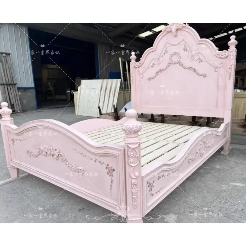 Amerikanisches Retro-Bett aus geschnitztem Massivholz, französisch antik bemalt, 1,8 Meter großes Doppelbett, Hauptschlafzimmer, Hochzeitsbett, leichter Luxus, Prinz-Stil. Image