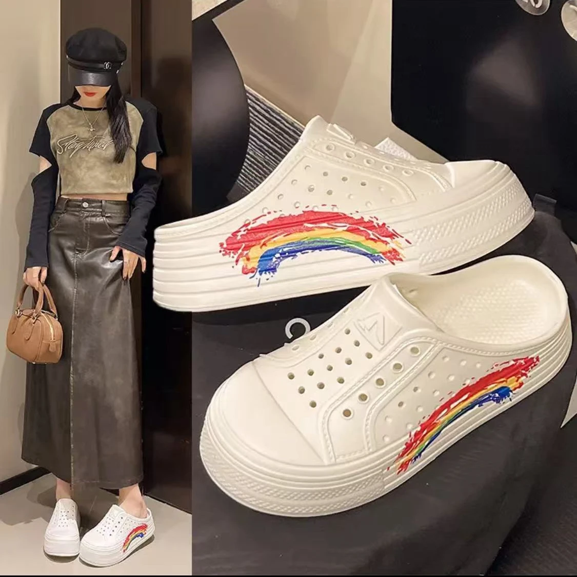 Ein Must-Have für den Sommer, höhenvergrößernde Damenschuhe mit dicken Sohlen, 3D-Regenbogen-Clogs, schlankmachender Look, weiße, atmungsaktive und vielseitige modische Hausschuhe
