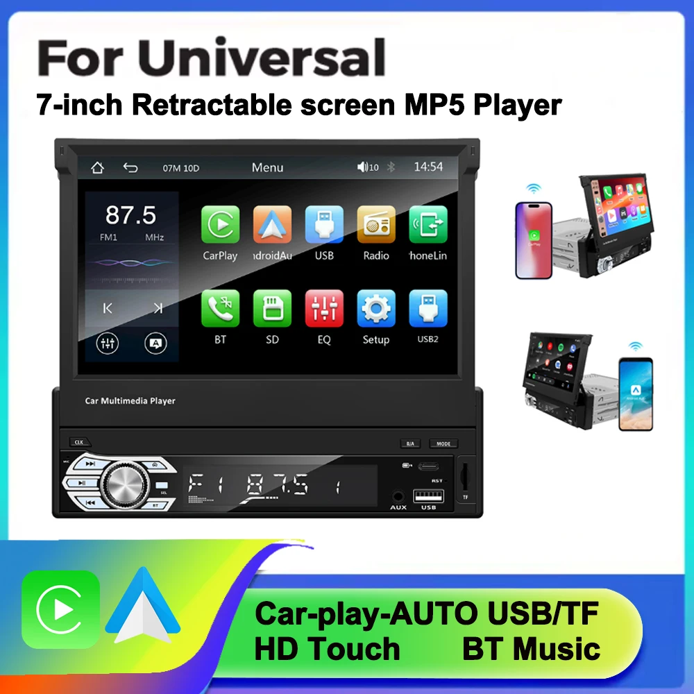 Drahtloser CarPlay Android Auto Universal 1 Din MP5-Player 7 Zoll manueller automatischer einziehbarer Touchscreen-Auto-Player FM-Radio M Image