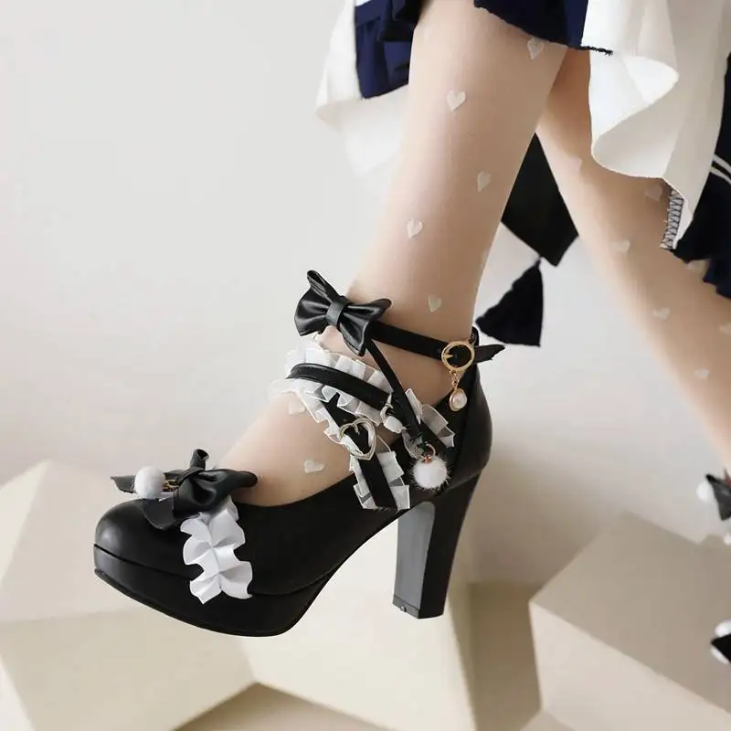 ORCHALISA Design Damen-Pumps, runde Zehen, ultrahoher Absatz, 9 cm, Schnallenriemen, Spitze, Schleife, süße Lolita-Mädchenschuhe, 44 45 46