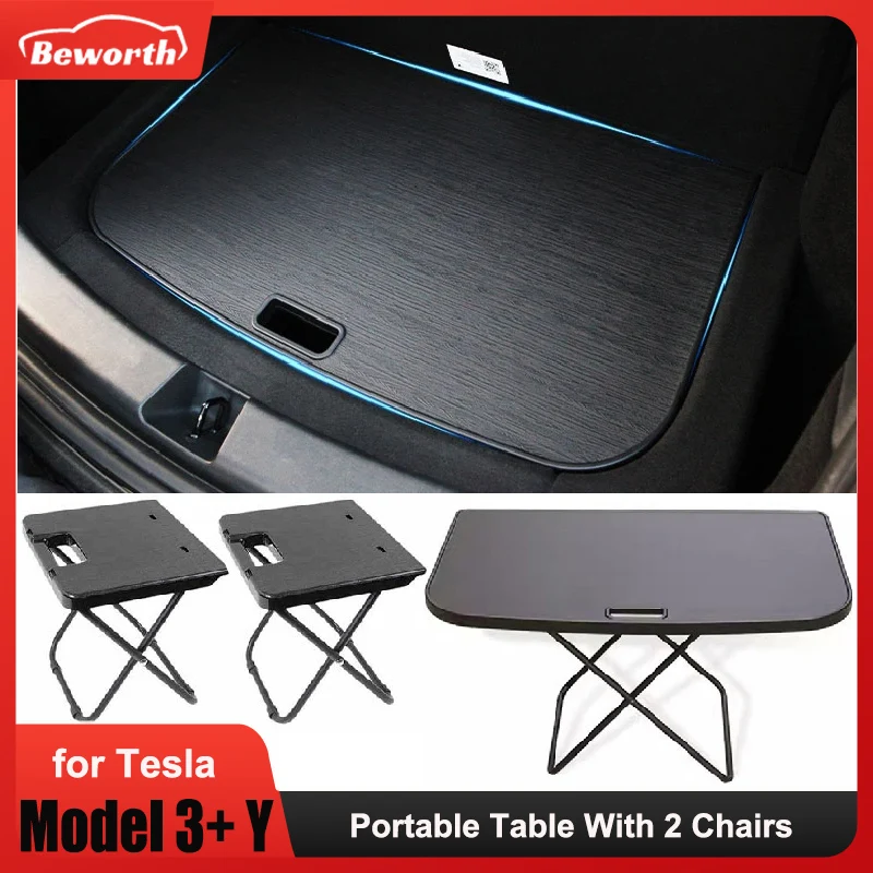 Für Tesla Modell 3 + Highland Modell Y 2024 Auto Tragbare Tisch Mit 2 Stühlen Hinten Stamm Faltbare Camping Reise Picknick tisch Bord Image