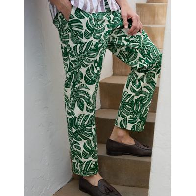 J.McLaughlin Men's Oxford Pants in Patterned Leaves Off White/Forest, Size 33 | Cotton