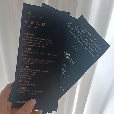 25pcs Customized Wedding Menu Dining Plate black card Program List Greeting Card paper golden letter