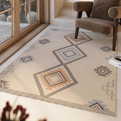Wollteppich GREEN LOOOP "Jong", beige (creme beige), B:200cm H:5mm L:290cm, Wolle, Teppiche, Fransen, Kelim, handgewebt, Natur, Wohnzimmer, Schlafzimmer, Raute Image