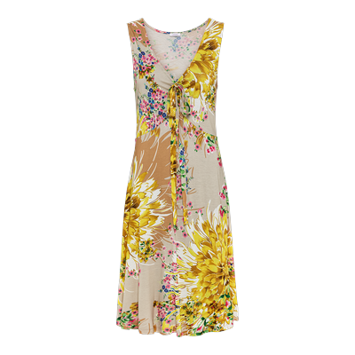 Jerseykleid LASCANA, Damen, Gr. 40, N-Gr, bunt (sand, gelb bedruckt), Jersey, Obermaterial: 100% Viskose, bedruckt, modisch, figurumspielend kniefrei, V-Ausschnitt, ohne Ärmel, Kleider, mit Alloverdruck und Bindeband, Trägerkleid, Strandkleid,... Image