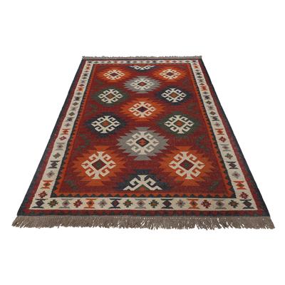 Wollteppich GREEN LOOOP "Blancard", rot, B:160cm H:5mm L:230cm, Wolle, Teppiche, Fransen, Kelim, handgewebt, Natur, Wohnzimmer, Schlafzimmer, Ethno Image
