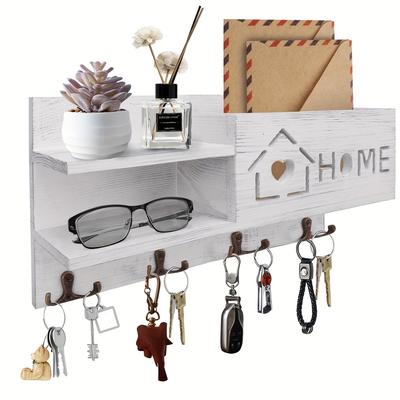 TEMU Rustic Wooden Wall-mounted Storage Rack With Key Hooks - Multipurpose Organizer For Mail, Letters & More, Utility Racks Image