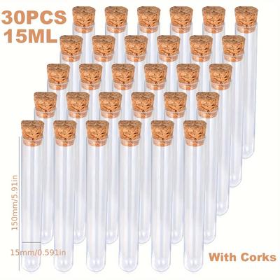 TEMU 30-pack Clear Plastic Test Tubes With Corks - 10ml/15ml/20ml/30ml, Polished Hollow Round Bar Shape, Reusable & Leak-proof , Diy Crafts, Bath Salts, Wedding Favors Image