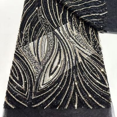 TEMU 1 Yard Luxury Sequin Embroidery Fabric, High-end Beaded Lace Material For Wedding Gowns And Evening Dresses, Polyester, Only, Floral Pattern, Cut By The Yard Image