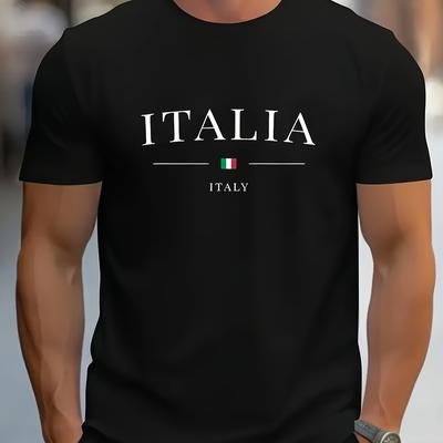 TEMU 1pc Men' Novelty T-shirt, Italy Print, Polyester, Short Sleeve, Crew Neck, Casual Sports Tee, Knitted Fabric Image