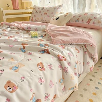TEMU Cute Floral Bear Summer Quilt With Lace Trim - Washable Polyester, Pink Bear & Colorful Flowers Design, Cozy Rooms Or Bedding Sets, Quilted Bedding | Design | Polyester Fiber, Quilt Bedding Image