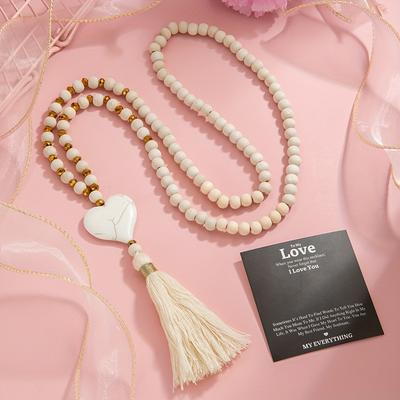 TEMU 1pc Bohemian Rustic Y-shape Necklace For Women - Long Recycled Wood Beads With Heart Pendant & Tassel, Valentine's Day Gift Note Card, Everyday Vacation Jewelry For Her Image