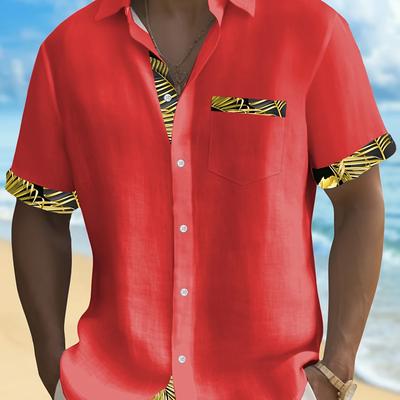 TEMU Men's Hawaiian Floral Print Short Sleeve Shirt - Vibrant Red With Golden Accents, Lightweight 100% Polyester, Button-up Collar & Chest Pockets For & Casual Image