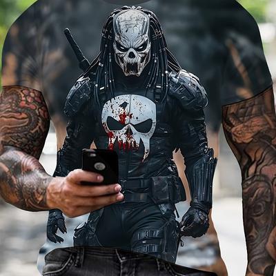 TEMU Men's 3d Horror Skull Graphic T-shirt - Black & White Skeletal Design, Casual Summer Tee For Casual Attire & Halloween, Polyester , Machine Washable Image