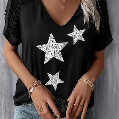 TEMU Shangyue Clothing Women's Elegant Distressed Raglan Sleeve T-shirt With , Semi-sheer Casual Top, Medium Stretch & Machine Washable For Spring/summer, Spring Summer Apparel, Semitransparent Fabric Image