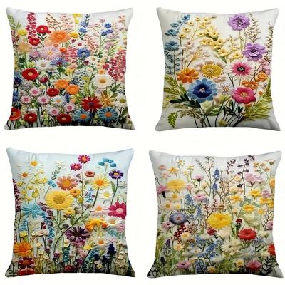 TEMU 4pcs Country Floral Print Pillowcases, Polyester Blend, Machine Washable, Zippered, Multiple Sizes , Suitable For Home And Car, Rustic Style Bedroom And Living Room Decor, Single-sided Printing, Image